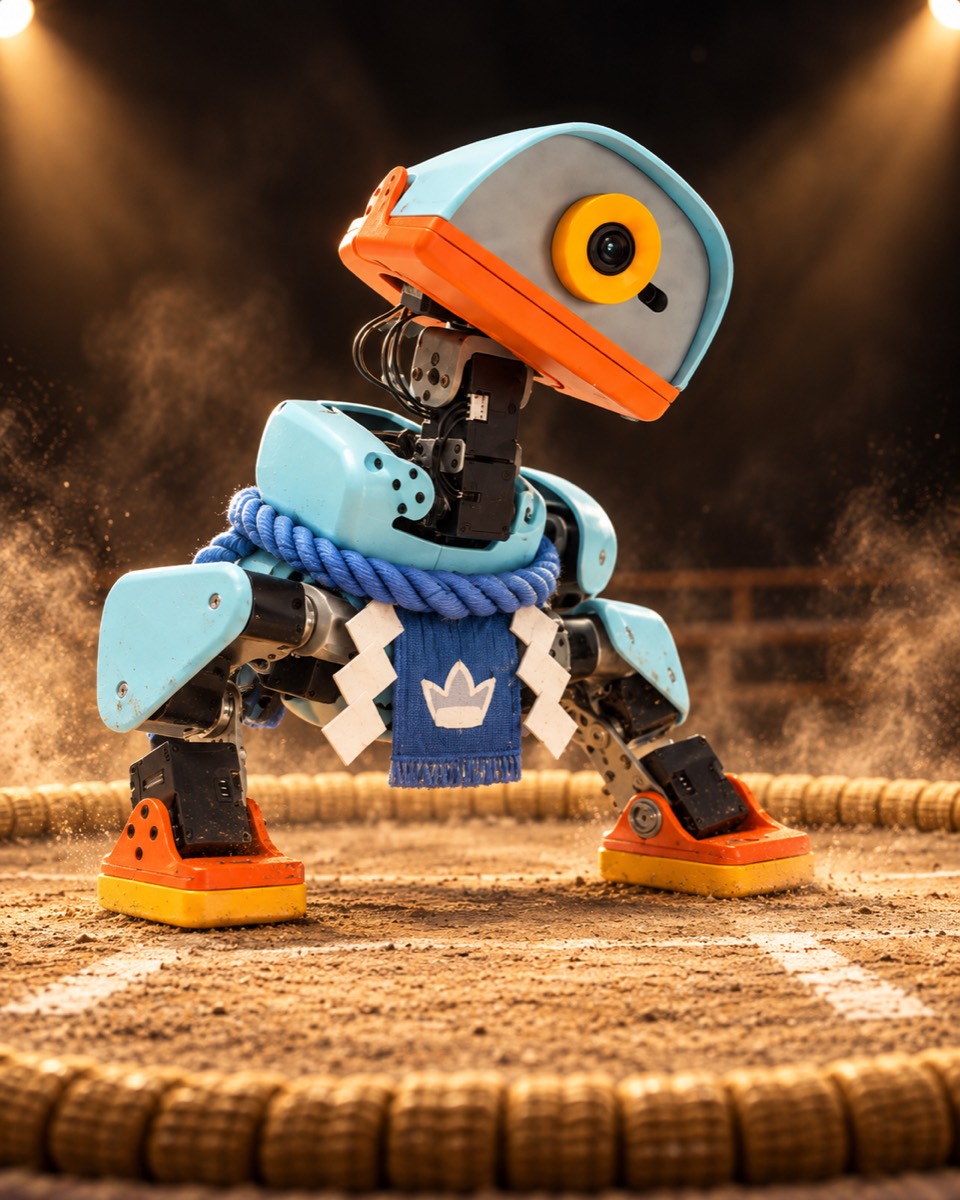A MicroDuck squared up in the sumo ring, dust flying under the lights